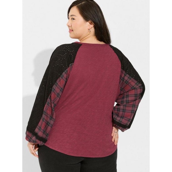 Torrid Cotton Modal Slub Crew Neck Raglan Eyelet Inset Print Mix Top Plaid - Picture 3 of 8